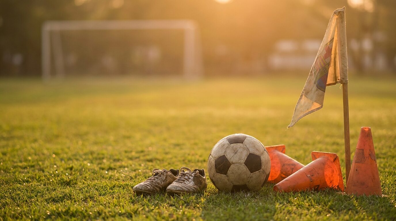 Soccer ball and cleats on a sideline at golden hour